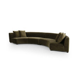 Featuring Liam Surrey Olive Sectional by Four Hands at Amethyst Home. Eye-catching around every curve. A sophisticated take on sleek Italian design, velvety olive covering fashions a crescent for shapely effect with clever modularity.Overall Dimensions: 176.50"w x 66.50"d x 29.00"hWeight : 254.42 lbsMaterials : 76.8% Cotton, 23.2% Polyester, Solid Birch. Amethyst Home provides interior design, new construction, custom furniture, and area rugs in the Monterey metro area
