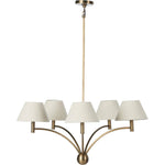 Featuring Linus Aged Brass Iron Chandelier by Four Hands at Amethyst Home. Curved arms and a central ball detail give this chandelier a traditional silhouette, while low tapered shades provide a fresh update. It is designed for versatility and can be hung on slanted ceilings or converted to a flush mount with the included extra pipe piece.
Overall Dimensions:. Amethyst Home provides interior design, new home construction design consulting, vintage area rugs, and lighting in the Houston metro area.