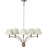 Featuring Linus Aged Brass Iron Chandelier by Four Hands at Amethyst Home. Curved arms and a central ball detail give this chandelier a traditional silhouette, while low tapered shades provide a fresh update. It is designed for versatility and can be hung on slanted ceilings or converted to a flush mount with the included extra pipe piece.
Overall Dimensions:. Amethyst Home provides interior design, new home construction design consulting, vintage area rugs, and lighting in the Houston metro area.