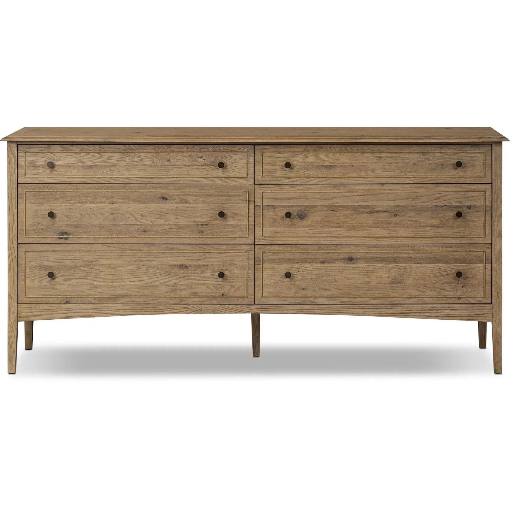 Featuring Maggie Aged Smoked Oak Resawn 6 Drawer Dresser by Four Hands at Amethyst Home. A cleanly shaped six-drawer dresser is crafted from aged smoked oak, highlighting the wood's natural grain. Roomy drawers offer plenty of space for bedroom storage, while the slim, tapered legs give the piece a subtle lift, creating a grounded look.Overall Dimensio. Amethyst Home provides interior design, new home construction design consulting, vintage area rugs, and lighting in the Salt Lake City metro area.