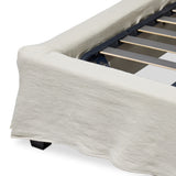 Featuring Meryl Broadway Mist Slipcover Bed by Four Hands at Amethyst Home. Inspired by the curved silhouette of the camel-back sofa, this classic shape is updated with the casual look of a slipcover. Slipcovered styles are fully removable and machine-washable for easy care.KingOverall Dimensions: 86.50"w x 89.00"d x 52.50"hWeight: 217.59 lbsQueenOverall Dimensions: 70.00"w x 89.00"d . Amethyst Home provides interior design, new construction, custom furniture, and area rugs in the Tampa metro area