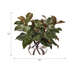 Add a burst of elegance with the green Magnolia Branch, set in a glass vase. Standing at 15", this lifelike faux design adds sophistication, perfect for a dining table centerpiece or console display. Experience the charm of this arrangement, maintenance-free and ideal for those who love fresh, vibrant decor Amethyst Home provides interior design, new home construction design consulting, vintage area rugs, and lighting in the Los Angeles metro area.