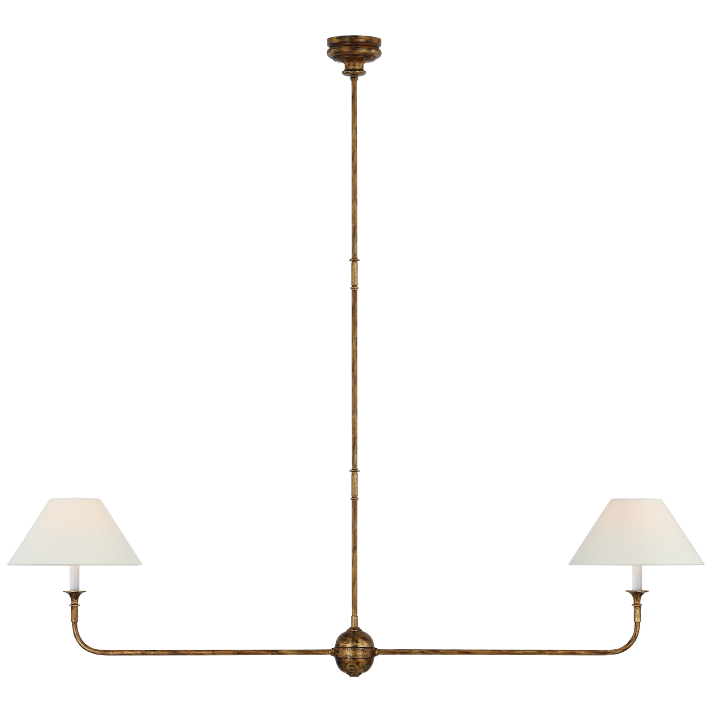 Featuring Piaf Large Two Light Linear Pendant Antique Gild by Visual Comfort at Amethyst Home. With the Piaf, Thomas O'Brien explores clean shapes with an airy feel. Natural steel bars intersect with wooden and metal hubs accented by simple candles and white conical shades. The juxtaposition of classic, casual forms with modern details will lend itself effortlessly to a divers. Amethyst Home provides interior design, new construction, custom furniture, and area rugs in the Newport Beach metro area