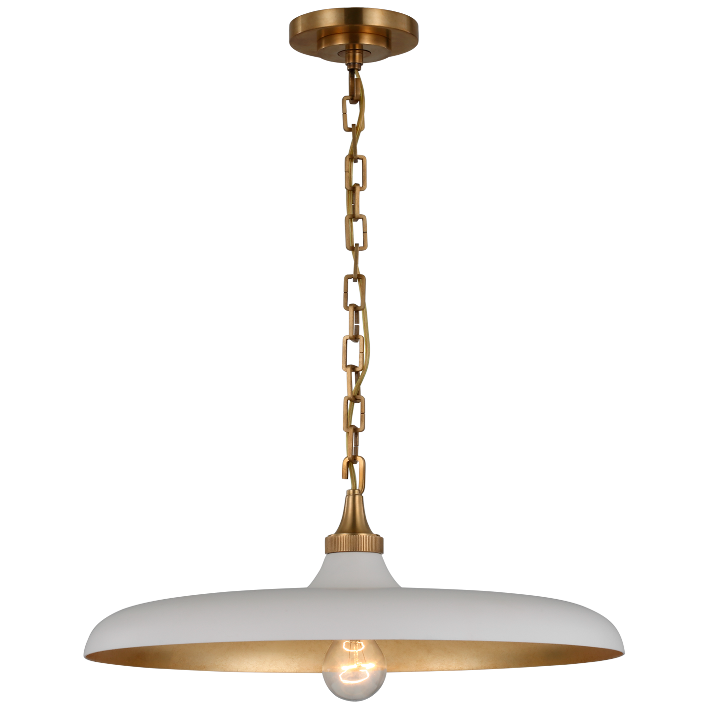 Featuring Piatto Medium Pendant Hand-Rubbed Antique Brass by Visual Comfort at Amethyst Home. Thomas O'Brien's Piatto series showcases a new and fresh take on dramatic elegance. At once chic and casual, the distinctive low shades feature rustic gilding on the inside to reflect light in a modern way. The lights will add a distinctive yet graceful statement to kitchens, dining rooms. Amethyst Home provides interior design, new construction, custom furniture, and area rugs in the San Diego metro area