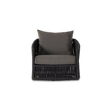 Featuring Porto Venao Charcoal Outdoor Swivel Chair by Four Hands at Amethyst Home. A beautiful rope-based design is woven across a durable, 360-swivel aluminum frame in a rich bronze finish. Topped with a wide cushion and throw pillow, all upholstered in 100% olefin, known for its UV-resistant, water-repellent and quick-drying abilities. Cover or store indoors during inclement weathe. Amethyst Home provides interior design, new construction, custom furniture, and area rugs in the Miami metro area