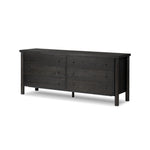 Featuring Roark Ebony Oak Veneer 6 Drawer Dresser by Four Hands at Amethyst Home. Rounded, chunky dowel legs in an ebony oak finish support the overhang top of this dresser. Six drawers provide ample storage, finished with simple gunmetal hardware.Overall Dimensions: 75.00"w x 20.00"d x 31.50"hWeight : 260.14 lbsMaterials : Oak Veneer, Solid Oak. Amethyst Home provides interior design, new construction, custom furniture, and area rugs in the Dallas metro area