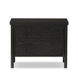 Featuring Roark Ebony Oak Veneer Nightstand by Four Hands at Amethyst Home. Rounded, chunky dowel legs in a black oak finish support the overhang top of this nightstand. Two drawers provide ample storage, finished with simple gunmetal hardware.Overall Dimensions: 30.00"w x 17.00"d x 24.00"hWeight : 76.06 lbsMaterials : Oak Veneer, Solid Oak. Amethyst Home provides interior design, new construction, custom furniture, and area rugs in the Los Angeles metro area