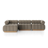 Featuring Roma Alessi Fawn Outdoor 3-Piece Sectional by Four Hands at Amethyst Home. A modern take on mid-century Italian design, soft volume and exaggerated proportions fuse for a sculpted look and playful feel. Atop a plinth-style teak base, outdoor-friendly three-piece sectional with ottoman features dramatic tufting for a padded sit, indoors and out. Cover or store inside during. Amethyst Home provides interior design, new construction, custom furniture, and area rugs in the Houston metro area