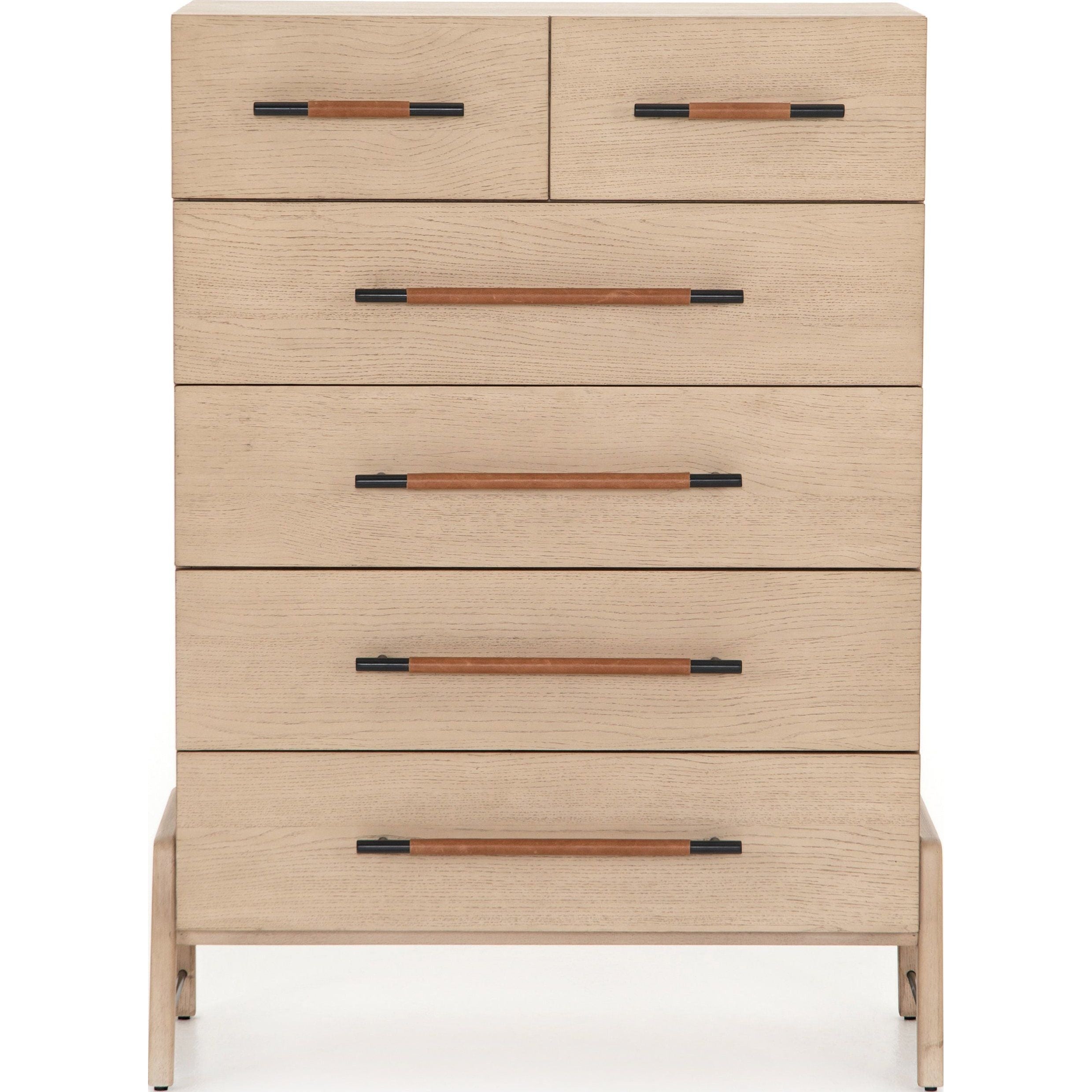 Featuring Rosedale 6 Drawer Tall Dresser by Four Hands at Amethyst Home. The light-finished oak of this Rosedale 6 Drawer Tall Dresser brings a clean, brightness to any room. With four large drawers and two smaller drawers, this is a functional and beautiful piece to add to your bedroom or other area. The iron hardware wrapped in a gorgeous, tan leather re.  Amethyst Home provides interior design, new home construction design consulting, vintage area rugs, and lighting in the Charlotte metro area.