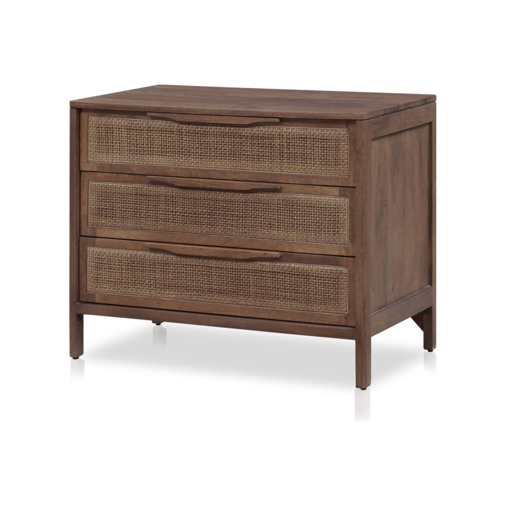 Brown wash  mango frames inset woven cane, for a light, textural look with organic allure. Three spacious drawers provide plenty of closed storage. Amethyst Home provides interior design, new construction, custom furniture and area rugs in the Los Angeles metro area