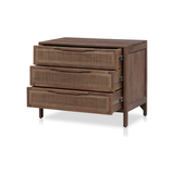 Brown wash mango frames inset woven cane, for a light, textural look with organic allure. Three spacious drawers provide plenty of closed storage. Amethyst Home provides interior design, new construction, custom furniture and area rugs in the Newport Beach metro area