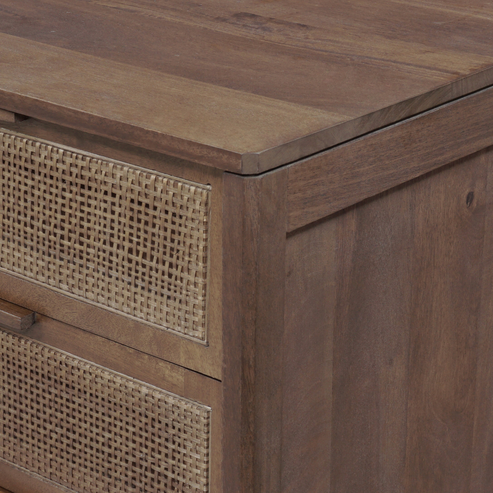 Brown wash mango frames inset woven cane, for a light, textural look with organic allure. Three spacious drawers provide plenty of closed storage. Amethyst Home provides interior design, new construction, custom furniture and area rugs in the Austin metro area