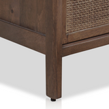 Brown wash mango frames inset woven cane, for a light, textural look with organic allure. Three spacious drawers provide plenty of closed storage. Amethyst Home provides interior design, new construction, custom furniture and area rugs in the Salt Lake City metro area