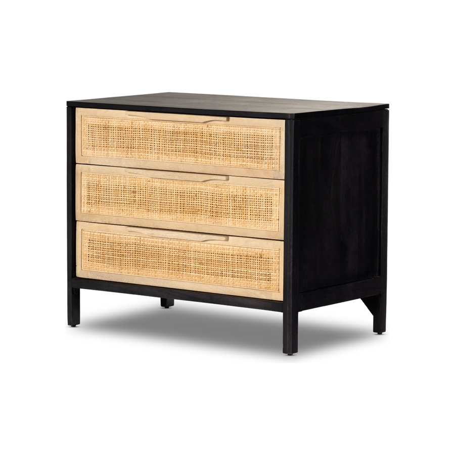 Black wash mango frames inset woven cane, for a light, textural look with organic allure. Three spacious drawers provide plenty of closed storage. Amethyst Home provides interior design, new construction, custom furniture and area rugs in the Los Angeles metro area