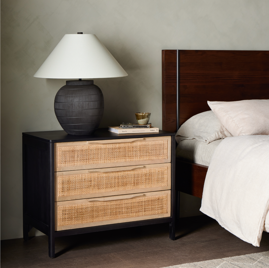 Black wash mango frames inset woven cane, for a light, textural look with organic allure. Three spacious drawers provide plenty of closed storage. Amethyst Home provides interior design, new construction, custom furniture and area rugs in the Seattle metro area