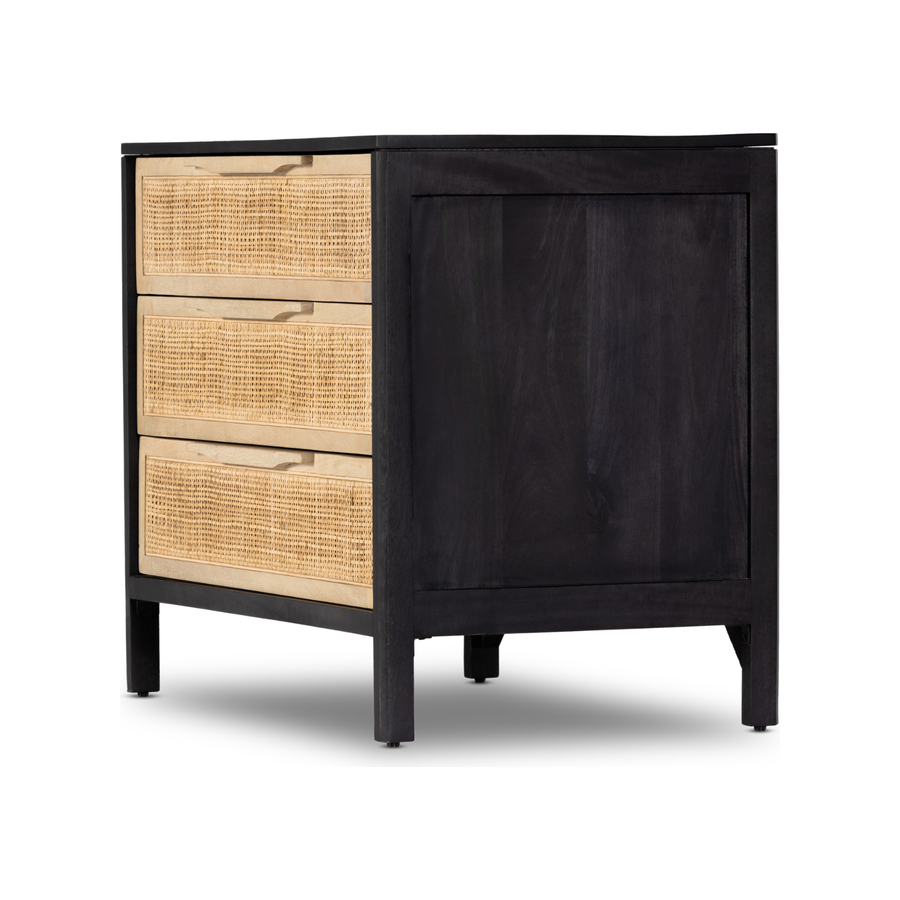 Black wash mango frames inset woven cane, for a light, textural look with organic allure. Three spacious drawers provide plenty of closed storage. Amethyst Home provides interior design, new construction, custom furniture and area rugs in the Newport Beach metro area