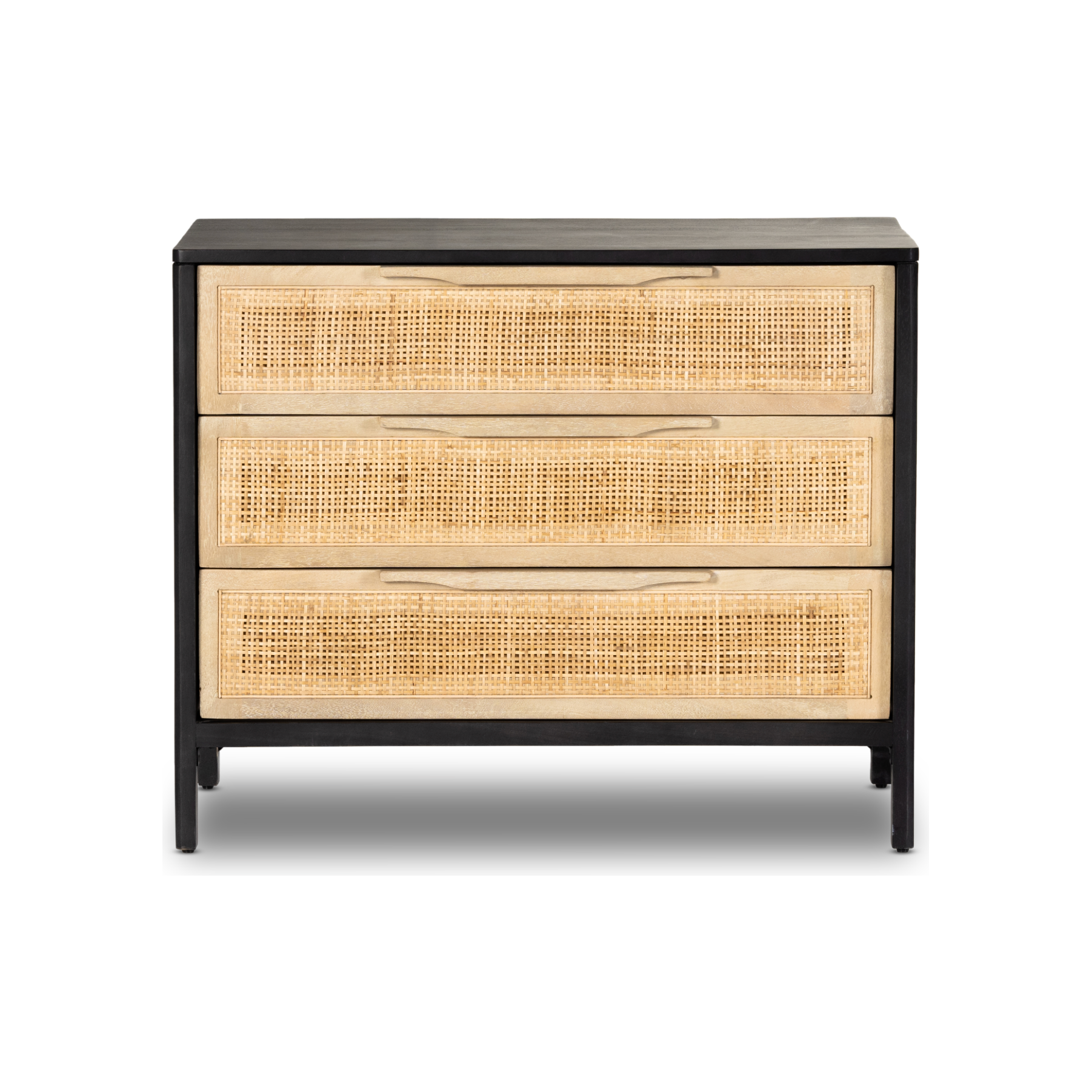 Black wash mango frames inset woven cane, for a light, textural look with organic allure. Three spacious drawers provide plenty of closed storage. Amethyst Home provides interior design, new construction, custom furniture and area rugs in the Austin metro area