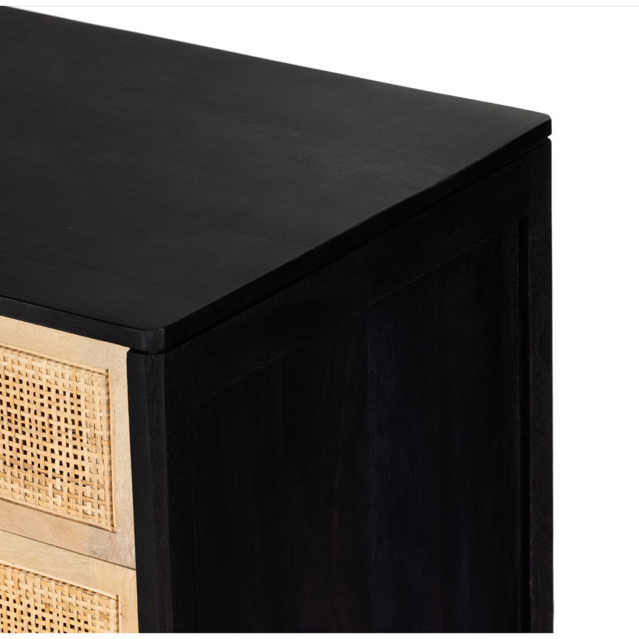 Brown wash mango frames inset woven cane, for a light, textural look with organic allure. Three spacious drawers provide plenty of closed storage. Amethyst Home provides interior design, new construction, custom furniture and area rugs in the Denver Colorado metro area