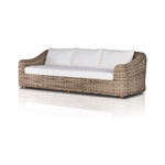 Featuring Messina Outdoor Sofa 106" by Four Hands at Amethyst Home. Traditional heritage shape on a grand scale. An outdoor dining sofa is crafted from durable natural teak in a gorgeous, woven pattern highlighting the texture's natural highs and lows. Oversized with deep-seated comfort with loose pillows for the ultimate outdoor lounge. Cover or store indoors during inclement weather. Amethyst Home provides interior design, new construction, custom furniture and area rugs in the Malibu metro area