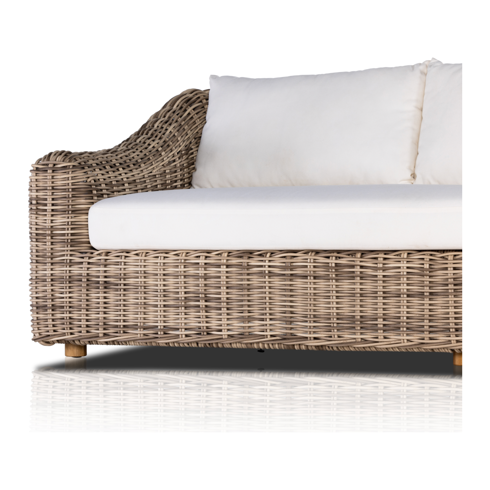 Featuring Messina Outdoor Sofa 106" by Four Hands at Amethyst Home. Traditional heritage shape on a grand scale. An outdoor dining sofa is crafted from durable natural teak in a gorgeous, woven pattern highlighting the texture's natural highs and lows. Oversized with deep-seated comfort with loose pillows for the ultimate outdoor lounge. Cover or store indoors during inclement weath. Amethyst Home provides interior design, new construction, custom furniture and area rugs in the Key West metro area
