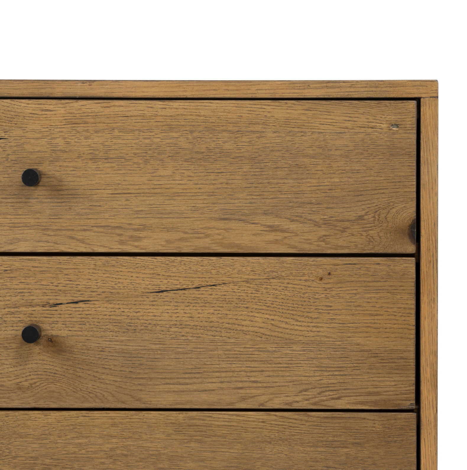 Clean and streamlined. Amber-finished oak features three large drawers plus gunmetal-finished hardware, for a look that's always in style. Dark resin plays up woods' natural graining.