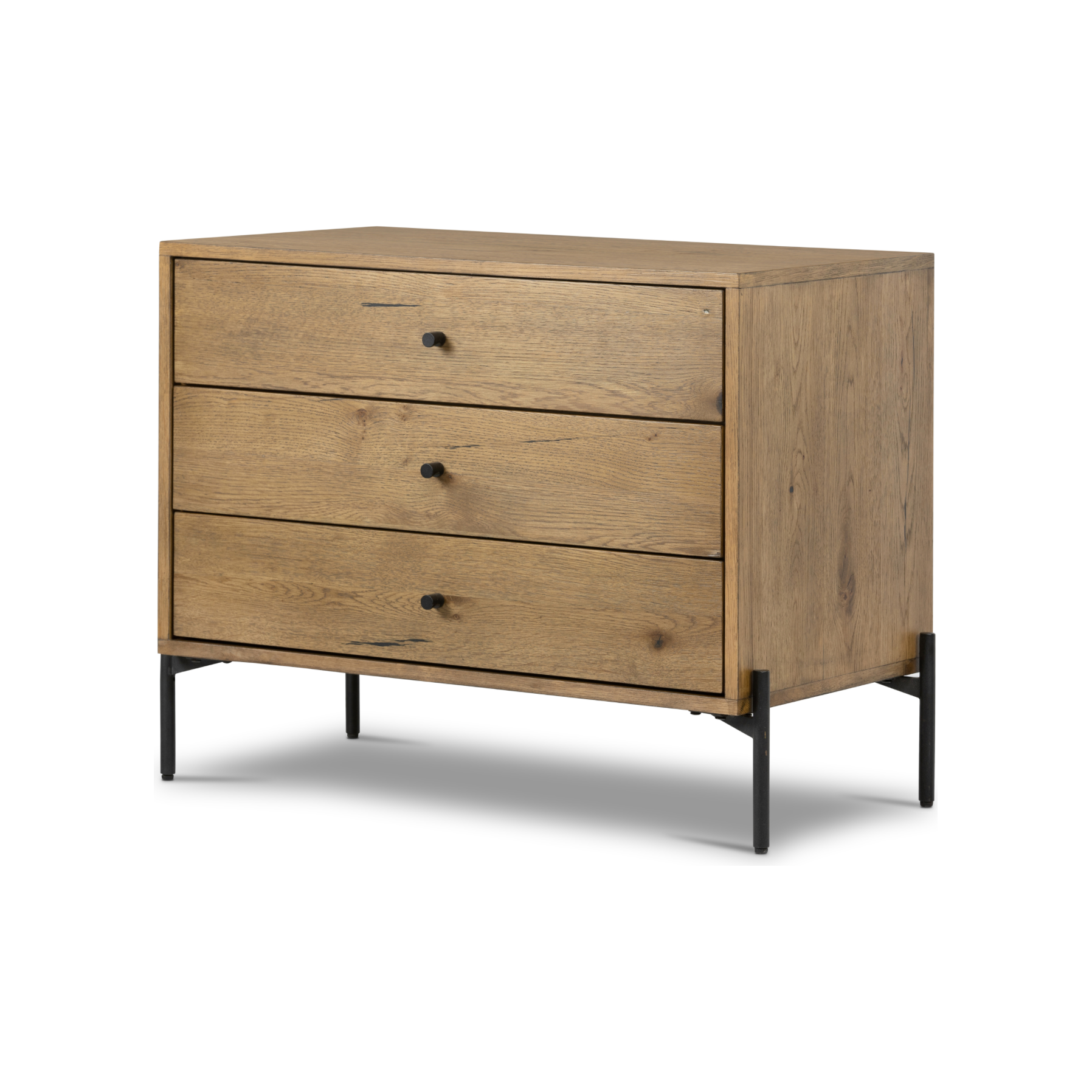 Clean and streamlined. Amber-finished oak features three large drawers plus gunmetal-finished hardware, for a look that's always in style. Dark resin plays up woods' natural graining.