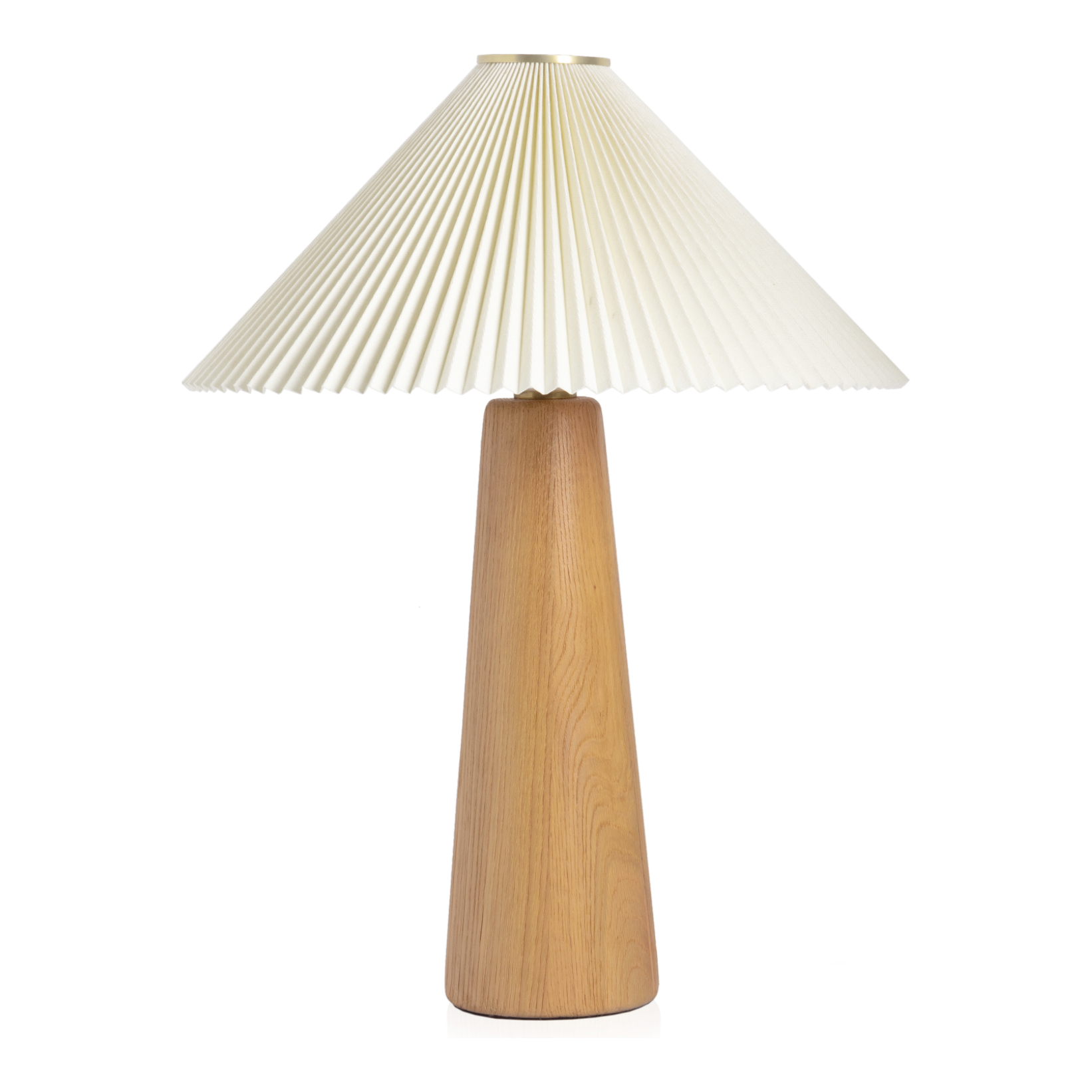 Modern minimal meets traditional. A tapered wood table lamp base is topped with a design-forward pleated shade. Amethyst Home provides interior design, new home construction design consulting, vintage area rugs, and lighting in the Salt Lake City metro area.