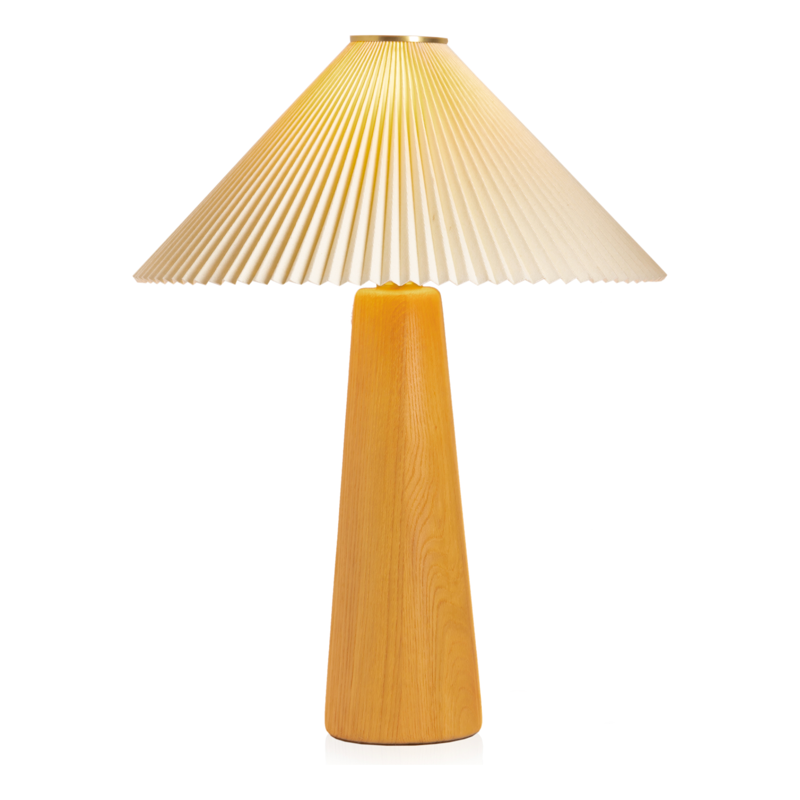 Modern minimal meets traditional. A tapered wood table lamp base is topped with a design-forward pleated shade. Amethyst Home provides interior design, new home construction design consulting, vintage area rugs, and lighting in the Charlotte metro area.
