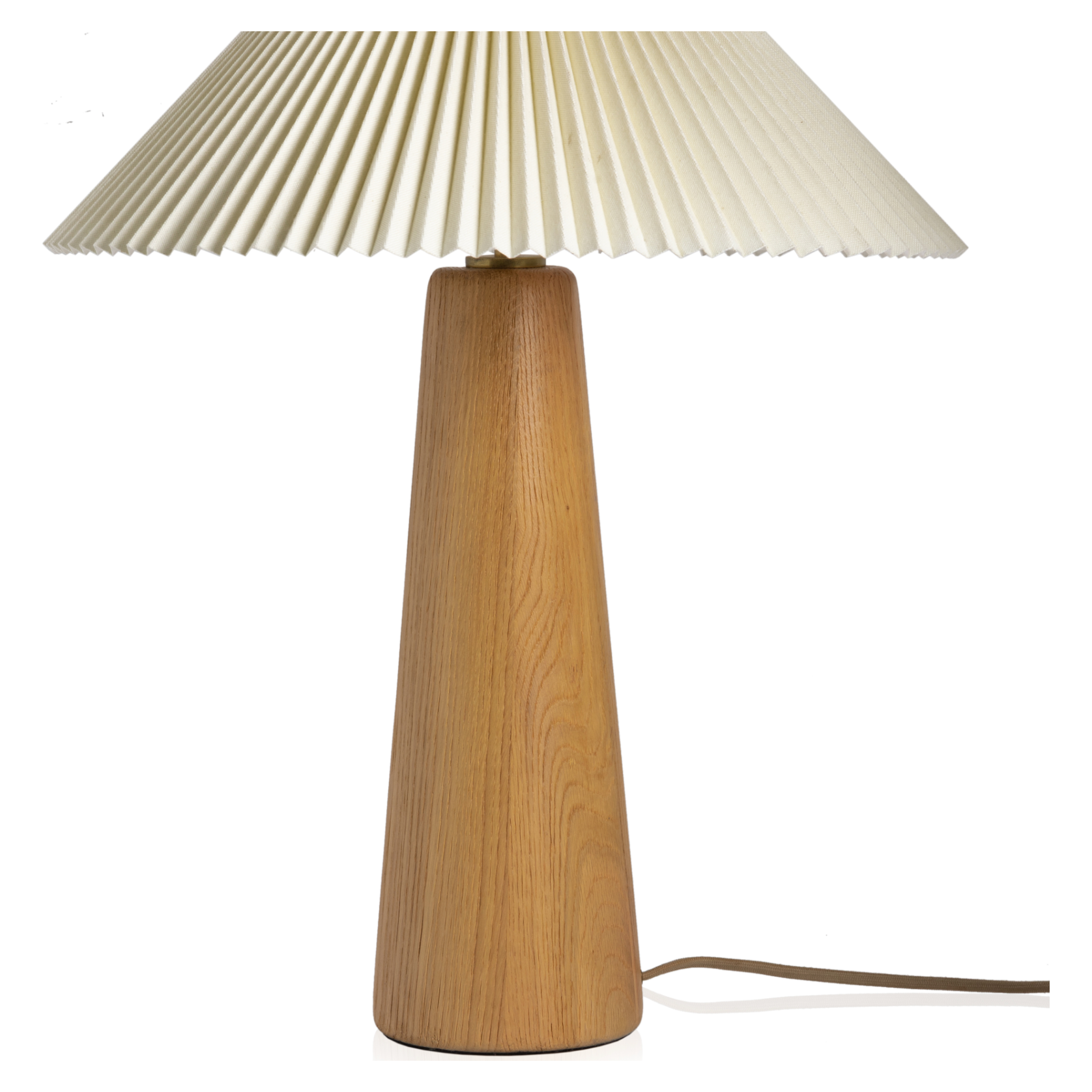 Modern minimal meets traditional. A tapered wood table lamp base is topped with a design-forward pleated shade. Amethyst Home provides interior design, new home construction design consulting, vintage area rugs, and lighting in the Denver metro area.