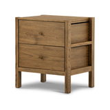 With simple shaping inspired by midcentury casing, exposed framework and a warm oak finish bring a handcrafted, minimalist look to stylish bedside storage. Amethyst Home provides interior design, new home construction design consulting, vintage area rugs, and lighting in the Montecito metro area.