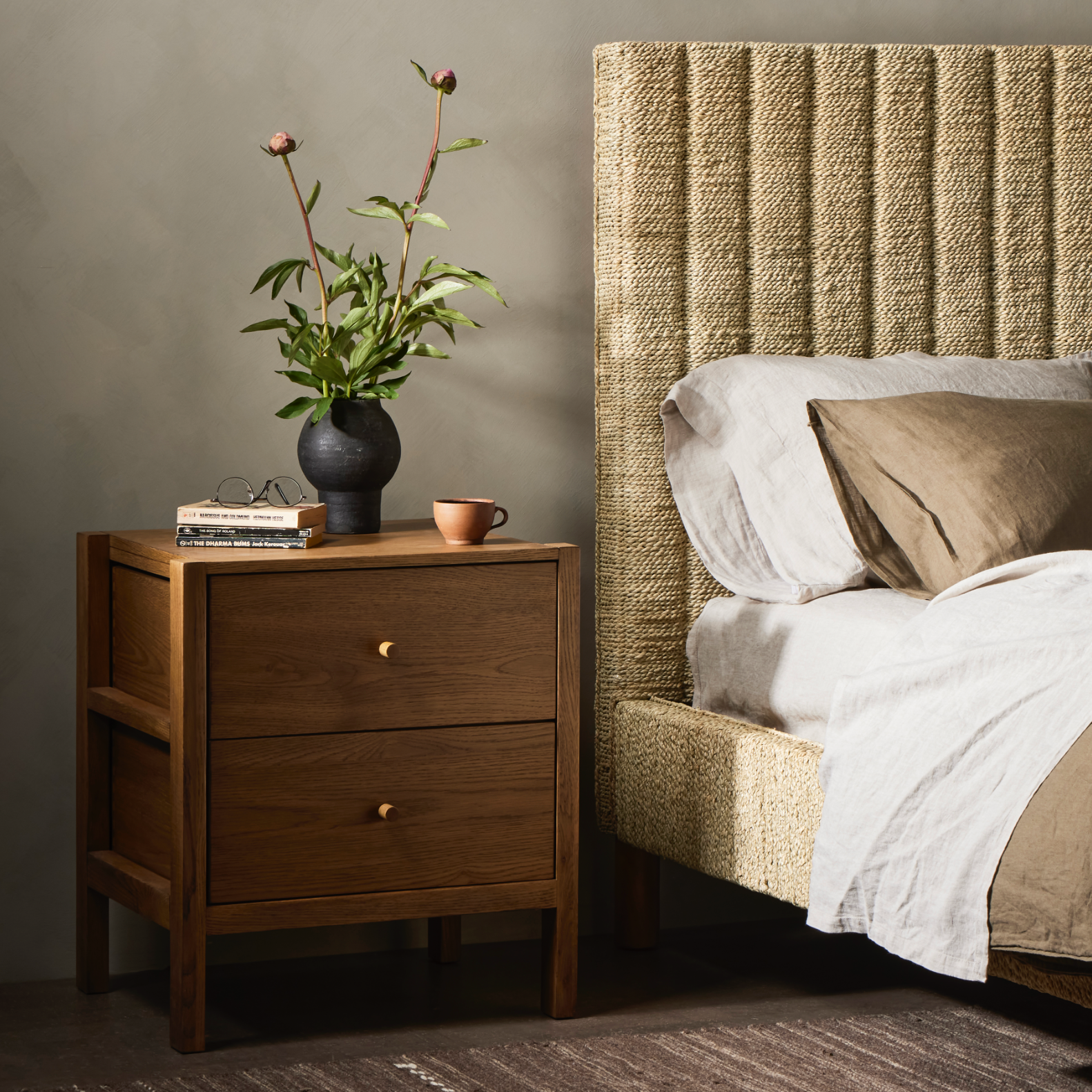 With simple shaping inspired by midcentury casing, exposed framework and a warm oak finish bring a handcrafted, minimalist look to stylish bedside storage. Amethyst Home provides interior design, new home construction design consulting, vintage area rugs, and lighting in the Chicago metro area.