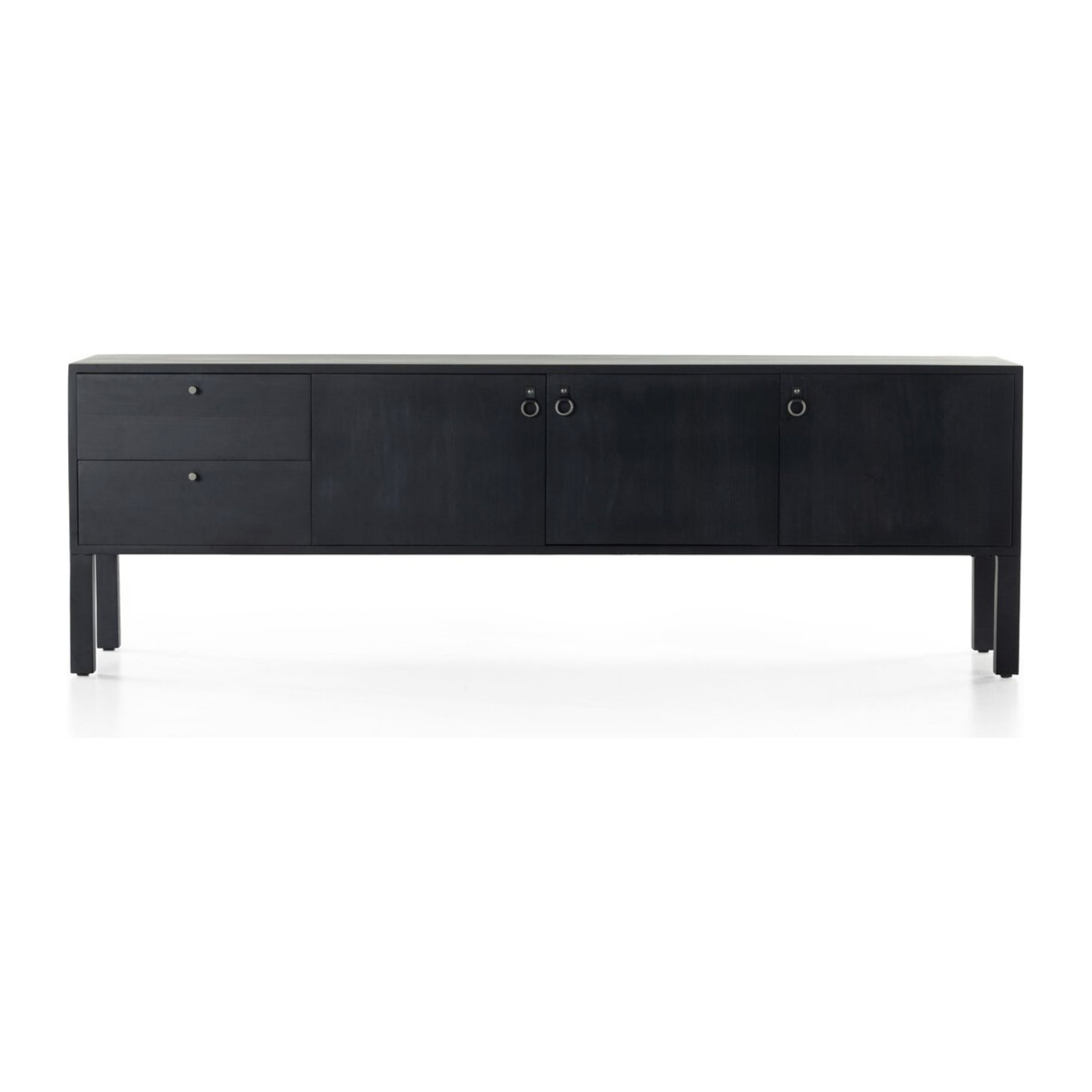 Featuring Isador Black Wash Poplar Media Console by Four Hands at Amethyst Home. Beautifully simple in spirit. Black-washed dry poplar forms a clean-lined media console with faux dovetail joinery plus iron and leather hardware, for a material-driven update to Shaker-inspired styling. Rear cutouts for cord management.Overall Dimensions: 80"W x 19"L x 26"H. Amethyst Home provides interior design, new home construction design consulting, vintage area rugs, and lighting in the Laguna Beach metro area.