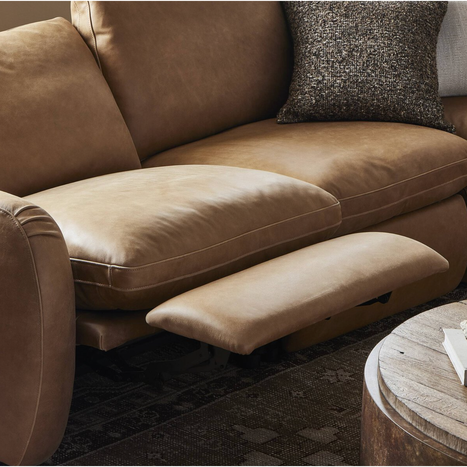 Featuring Crawford Palermo Drift Power Recliner 5-Piece Sectional Sofa by Four Hands at Amethyst Home. A fresh take on the classic recliner sectional. Customize your comfort level with the push of hidden buttons with pieces in our Power Motion collection. Made from caramel top-grain leather. Includes 9'5" power cord. There is a six-motor maximum per powe. Amethyst Home provides interior design, new home construction design consulting, vintage area rugs, and lighting in the Laguna Beach metro area.