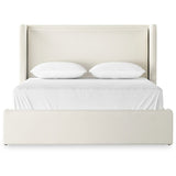 A shorter wingspan and geometric cutouts define this modern-day shelter wingback bed, designed for comfort from every angle. Upholstered in a cream fabric with subtle texture and a soft hand Amethyst Home provides interior design, new home construction design consulting, vintage area rugs, and lighting in the Monterey metro area.