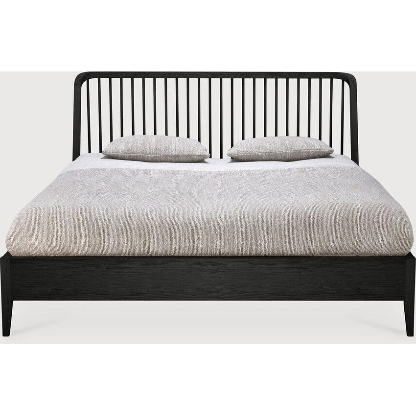 Featuring Spindle Oak Black Bed by Ethnicraft at Amethyst Home. The Spindle collection found its inspiration in the traditional spinning wheel and incorporates perfectly aligned spokes into the headboard. Slightly tapered legs and rounded edges add a soft, sensual quality to this beautiful bedroom collection.Overall Dimensions: 84" W x 80" L x 38.5" H Weight : 170 lbs84" W x 64.. Amethyst Home provides interior design, new construction, custom furniture, and area rugs in the Los Angeles metro area