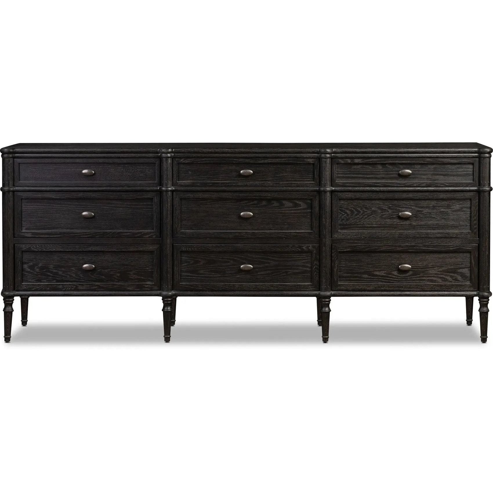 Made from distressed black-finished oak with slim legs, nine drawers bring antique European vibes to modern bedroom styling. This item has been modified to comply with the STURDY Act. See a full list of modified products and data changes in the “STURDY Act” file in the Downloads section below Amethyst Home provides interior design, new home construction design consulting, vintage area rugs, and lighting in the San Diego metro area.