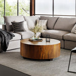 Featuring Hudson Coffee Table - Natural Yukas by Four Hands at Amethyst Home. We love how the stunning forces of nature are captured in the Hudson Natural Yukas Coffee Table. Natural yukas wood is hand-shaped into a cylindrical silhouette and placed over a bronzed iron base to complete your living room space. 
Overall Dimensions: 40"W x 40"L x 15"H
Colors: Blac. Amethyst Home provides interior design, new home construction design consulting, vintage area rugs, and lighting in the Miami metro area.