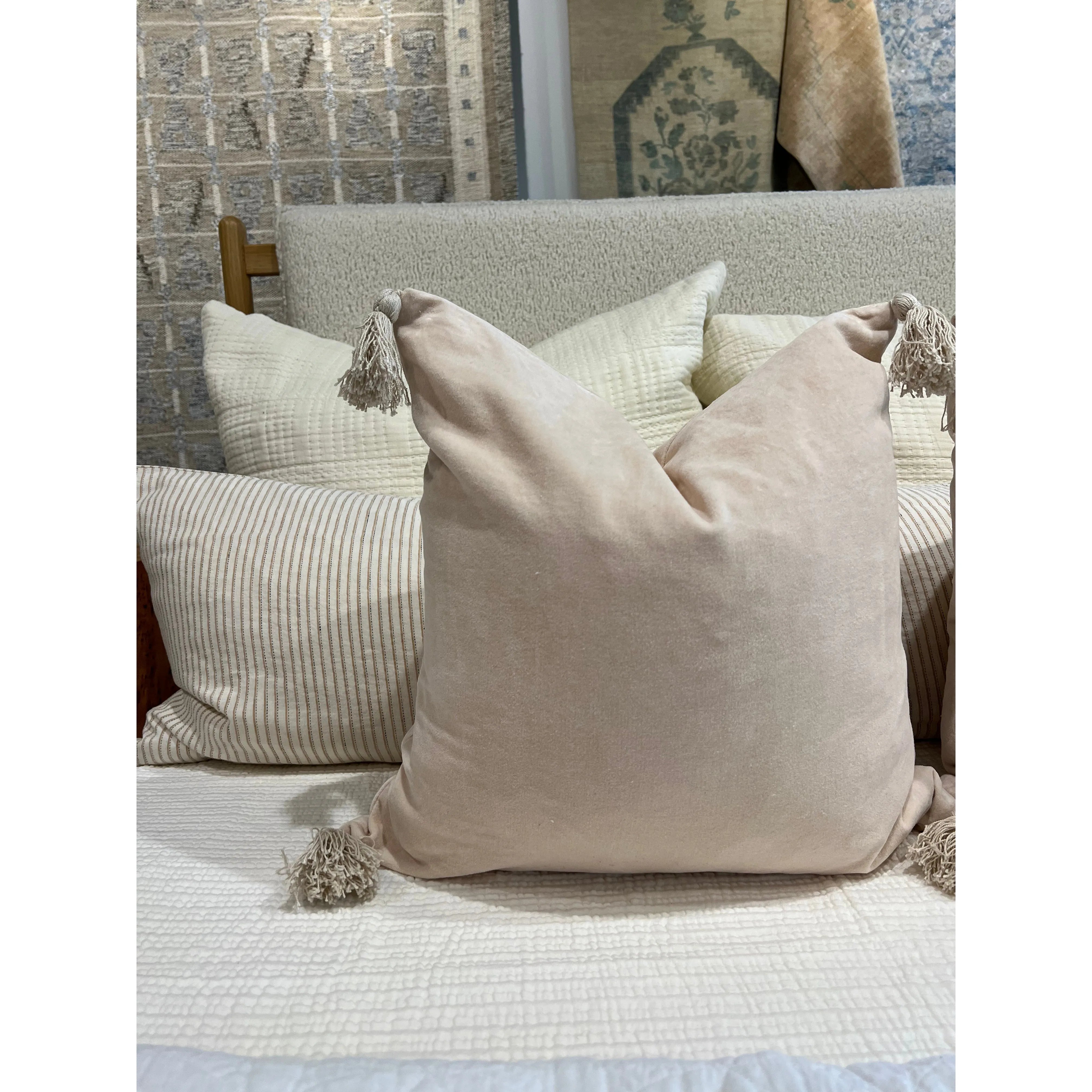 A sumptuously soft velvet square pillow with dainty tassels on each corner. King lounger 100% cotton. Amethyst Home provides interior design, new home construction design consulting, vintage area rugs, and lighting in the Omaha metro area.