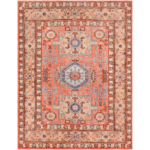 Experience the luxurious vintage vibes of the Kars Rug! With a rich warm color pallet featuring coral undertones, contrasting pale blue and tan details, and classic Moroccan inspired patterns, this timeless statement piece adds a unique touch to any room. Amethyst Home provides interior design, new construction, custom furniture, and area rugs in the San Diego metro area. KSA-2305