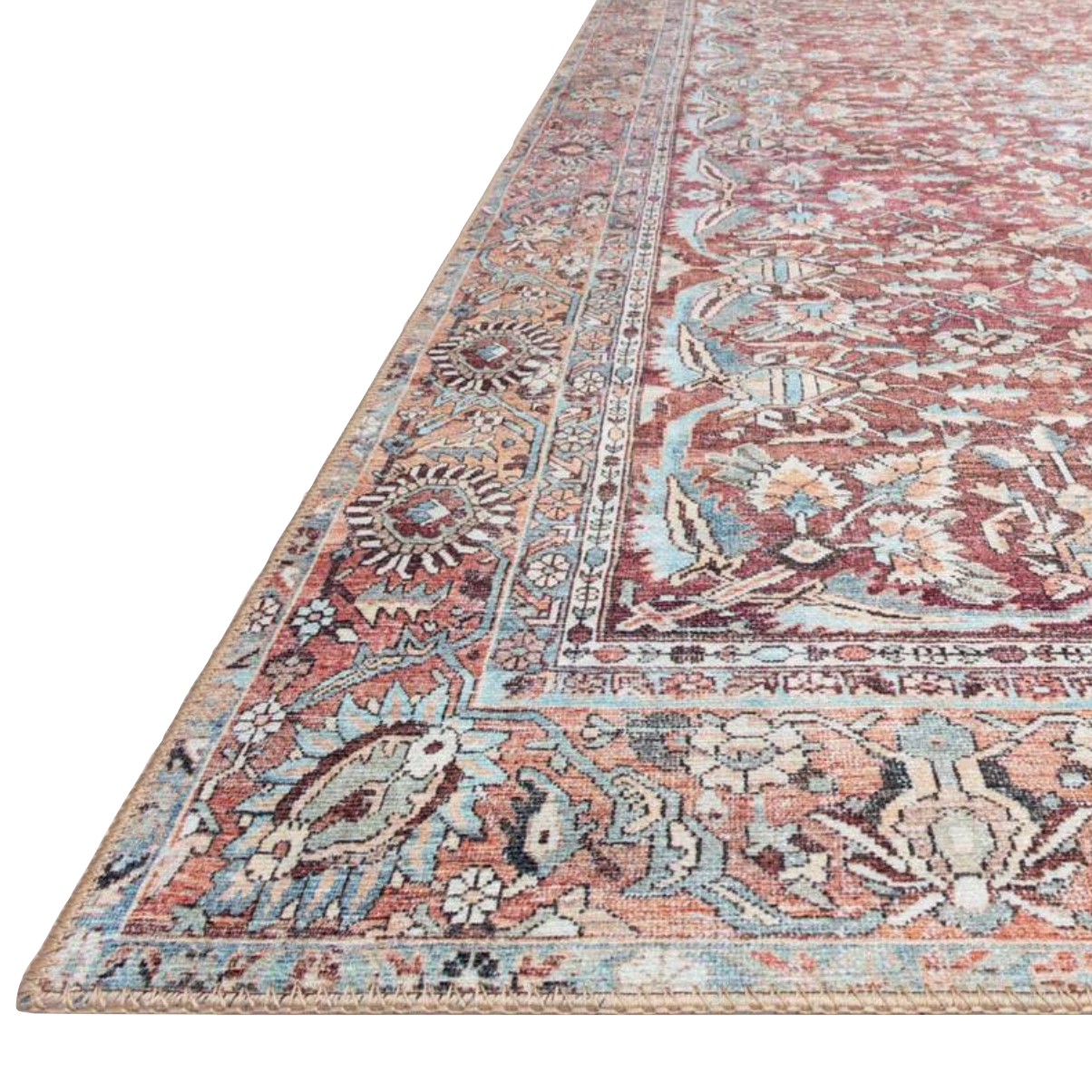 Old soul, new spirit. Power-loomed of 100% polyester, the Wynter Tomato / Teal area rug showcases a one-of-a-kind vintage or antique area rug look at an affordable price. This rug brings in tones of red, blue, orange, and hints of ivory, and ideal for high traffic areas due to the rug's durability. The rug is perfect for living rooms, dining rooms, kitchens, hallways, and entryways.  Power Loomed 100% Polyester WYN-05 Tomato/Teal Colors: Red, Orange, Blue, Ivory