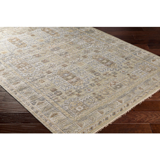 Add an elegant touch to any space with this hand-knotted Nobility Tan / Grey Rug. Its blend of wool and viscose is ultra soft and smooth, while its timeless ornate motif with modern lines create an exquisite, timeless piece. Enjoy its high-low characteristics and luxurious feel to add a touch of sophistication to your home that fits any lifestyle. Amethyst Home provides interior design, new construction, custom furniture, and area rugs in the Omaha metro area