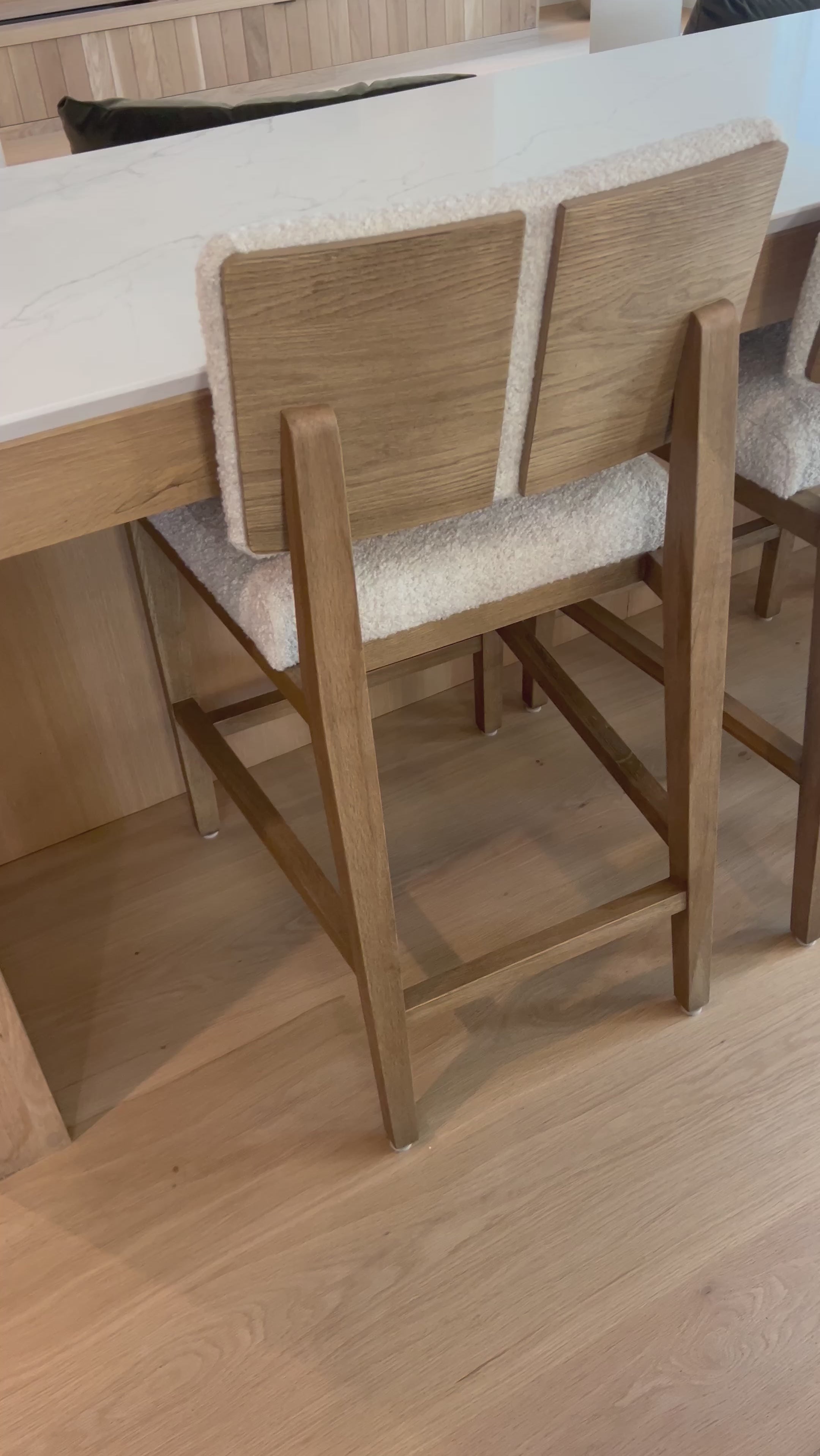 This stool is all about the textile -- gorgeous French inspired boucle with a cool toned oak base.Gorgeousback detail makes this Charles stool attractive from all angles. Amethyst Home provides interior design, new home construction design consulting, vintage area rugs, and lighting in the Laguna Beach metro area.