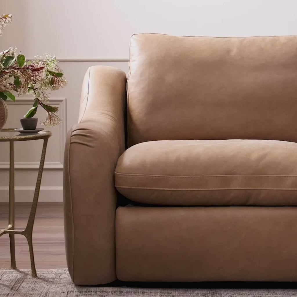 A fresh take on the classic recliner. Customize your comfort level with the push of hidden buttons with pieces in our Power Motion collection. Made from caramel top-grain leather. Includes 9'5" power cord. There is a six-motor maximum per power outlet. Each motor comes with a two-year warranty.Overall Dimensions: 116.00"w x 41.00"d x 37.50"hWeight : 383. Amethyst Home provides interior design, new home construction design consulting, vintage area rugs, and lighting in the Washington metro area.