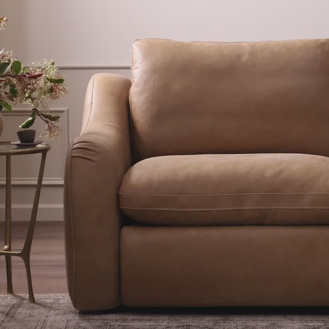 A fresh take on the classic recliner. Customize your comfort level with the push of hidden buttons with pieces in our Power Motion collection. Made from caramel top-grain leather. Includes 9'5" power cord. There is a six-motor maximum per power outlet. Each motor comes with a two-year warranty.Overall Dimensions: 83.00"w x 41.00"d x 37.50"hWeight : 273. Amethyst Home provides interior design, new home construction design consulting, vintage area rugs, and lighting in the Washington metro area.