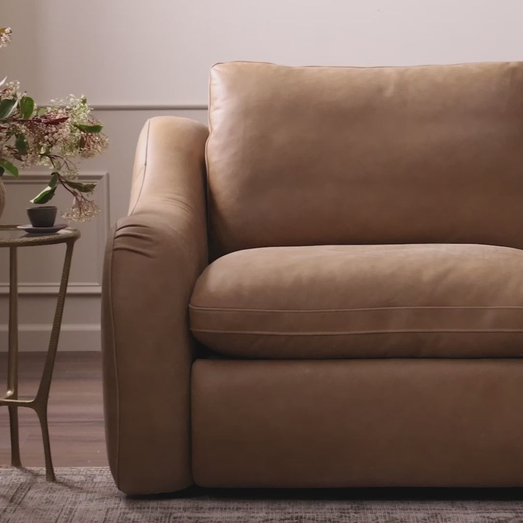 A fresh take on the classic recliner. Customize your comfort level with the push of hidden buttons with pieces in our Power Motion collection. Made from caramel top-grain leather. Includes 9'5" power cord. There is a six-motor maximum per power outlet. Each motor comes with a two-year warranty.Overall Dimensions: 83.00"w x 41.00"d x 37.50"hWeight : 273. Amethyst Home provides interior design, new home construction design consulting, vintage area rugs, and lighting in the Washington metro area.