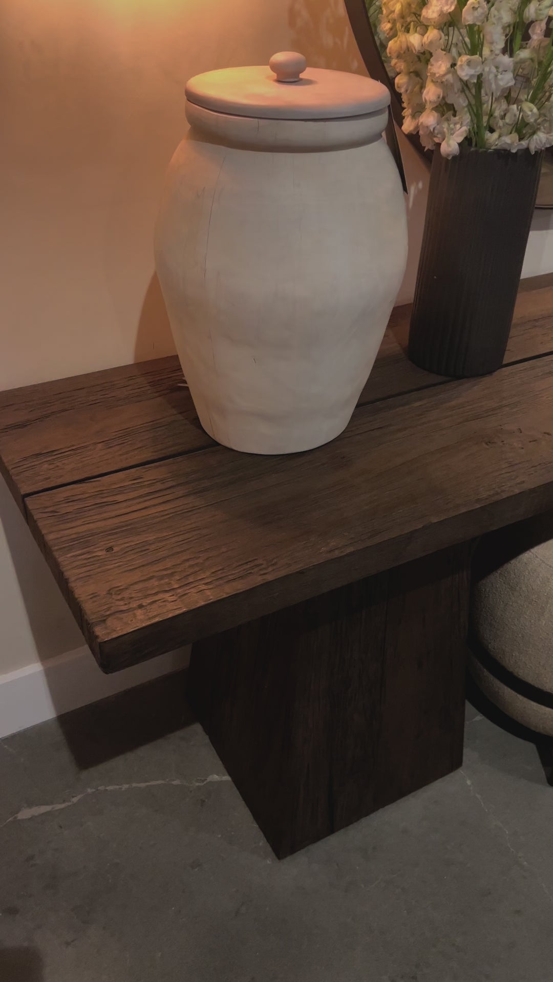 Smoked alder shapes a streamlined console table, with angular lines and wide proportions for a clean look with substance.Overall Dimensions: 94.00"w x 22.00"d x 30.00"hWeight : 136.35 lbsMaterials : Resawn Alder, Pine Plywood Amethyst Home provides interior design, new home construction design consulting, vintage area rugs, and lighting in the San Diego metro area.