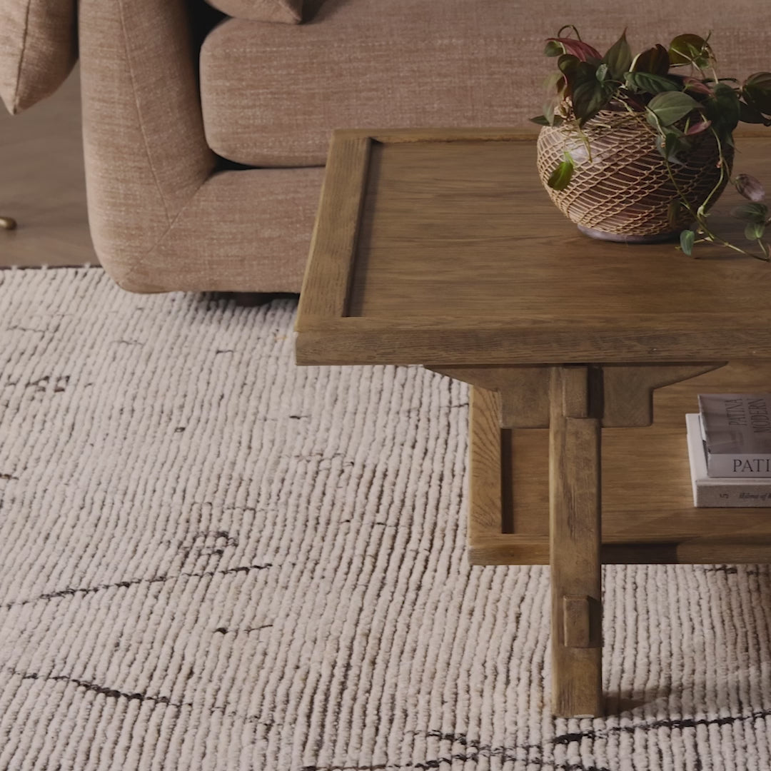 This Asian-inspired design made from light, distressed oak features mortise-and-tenon joinery, which connects protruding stretchers to sturdy legs. Lower shelving for bonus storage and display.Overall Dimensions: 65.00"w x 35.50"d x 16.00"hWeight : 127.87 lbsMaterials : Solid Oak, Poplar Eucalyptus Plywood Amethyst Home provides interior design, new home construction design consulting, vintage area rugs, and lighting in the Houston metro area.