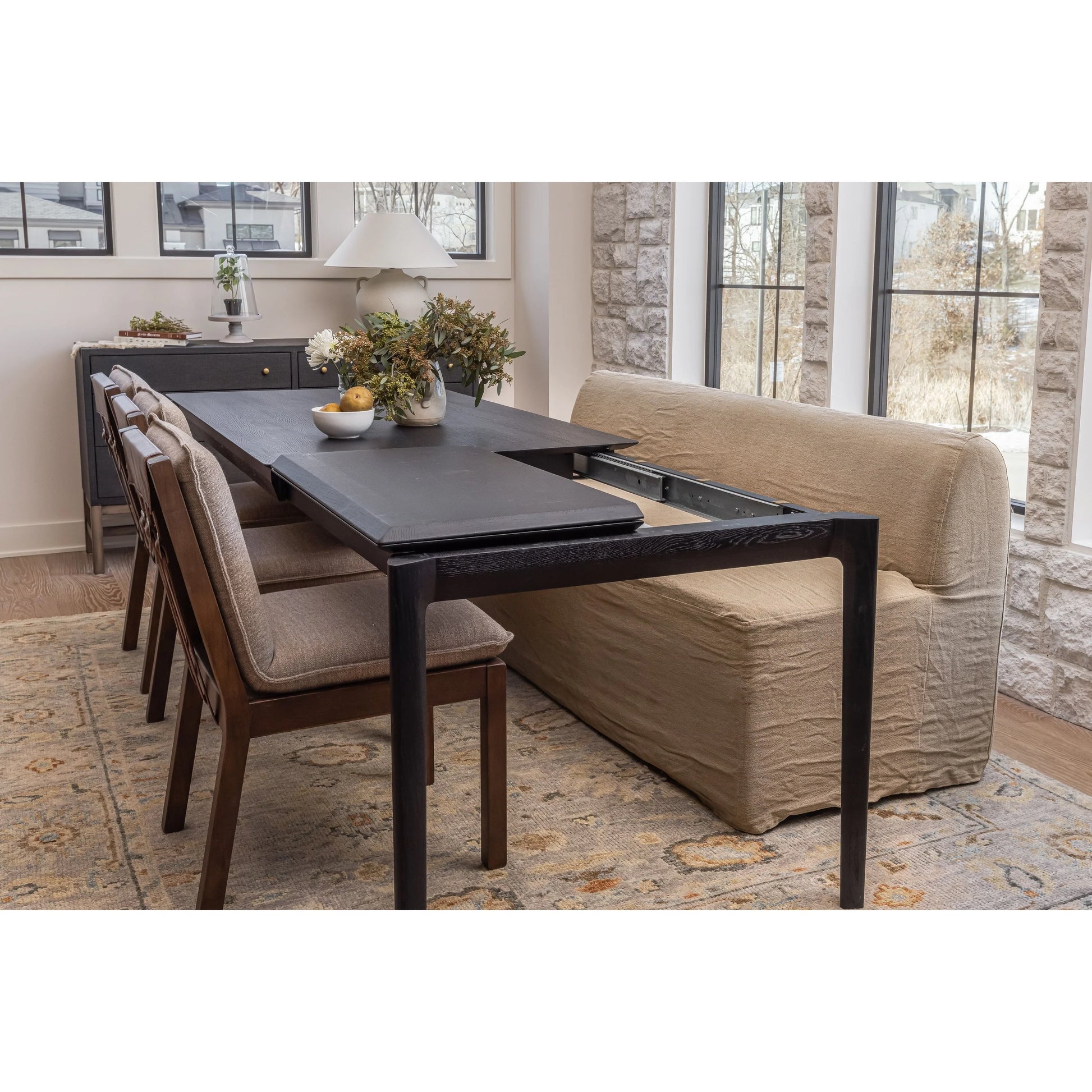 Oak Bok Table - Black, Ainsworth Slipcover Dining Bench and Wilmington Dining Chair