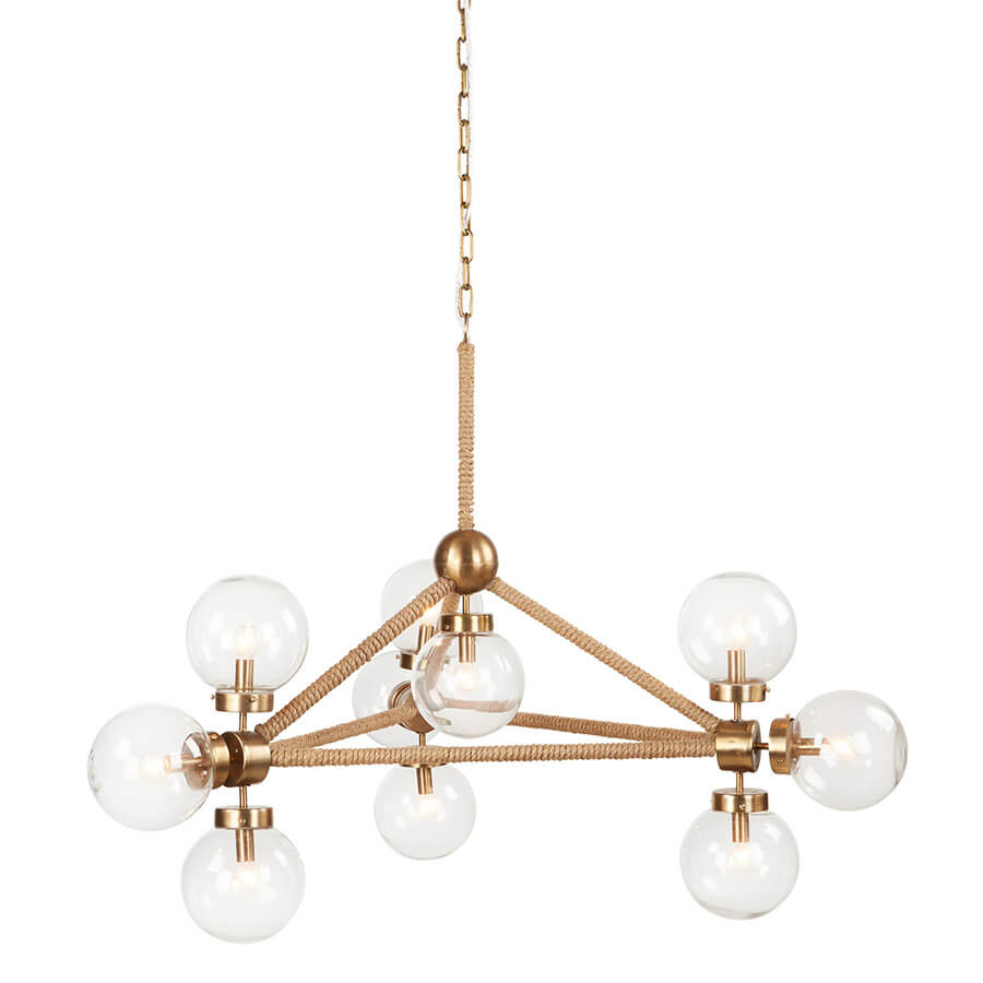 The Rope Globe Chandelier hangs like a work of fine art that works with many styles. We love the tightly woven rope chain across the structure of the chandelier. Its geometric structure and unusual glass ball lights will transform any living room or dining area.   Size: 31.00"w x 28"d x 36"h