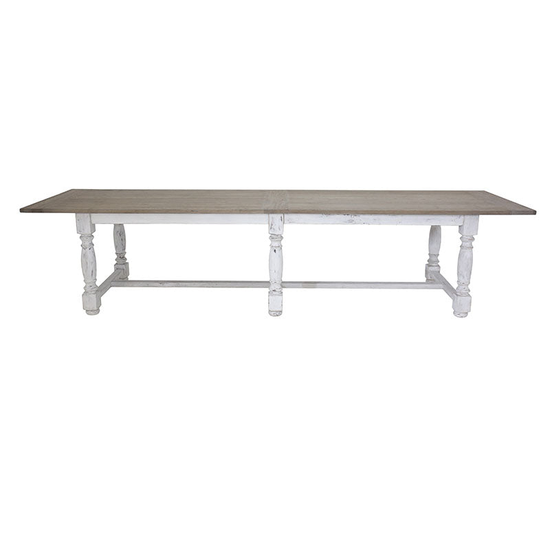 Inspired by the 19th Century French Farm Table, the Bezier Dining Table is redesigned to fit the modern home. The table is made of an oak top with spacious overhanging and white painted pine legs. The Bezier accommodates up to 10 people and fits beautifully in a vintage cabin or modern style home.  Size: 39.4" w x  133.9" l x 30.3" h Materials: Birch Wood, Oak